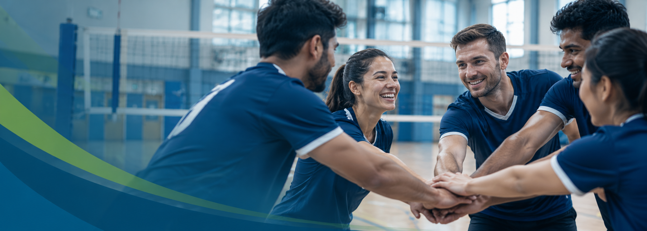 Volleyball players joining hands in a team huddle