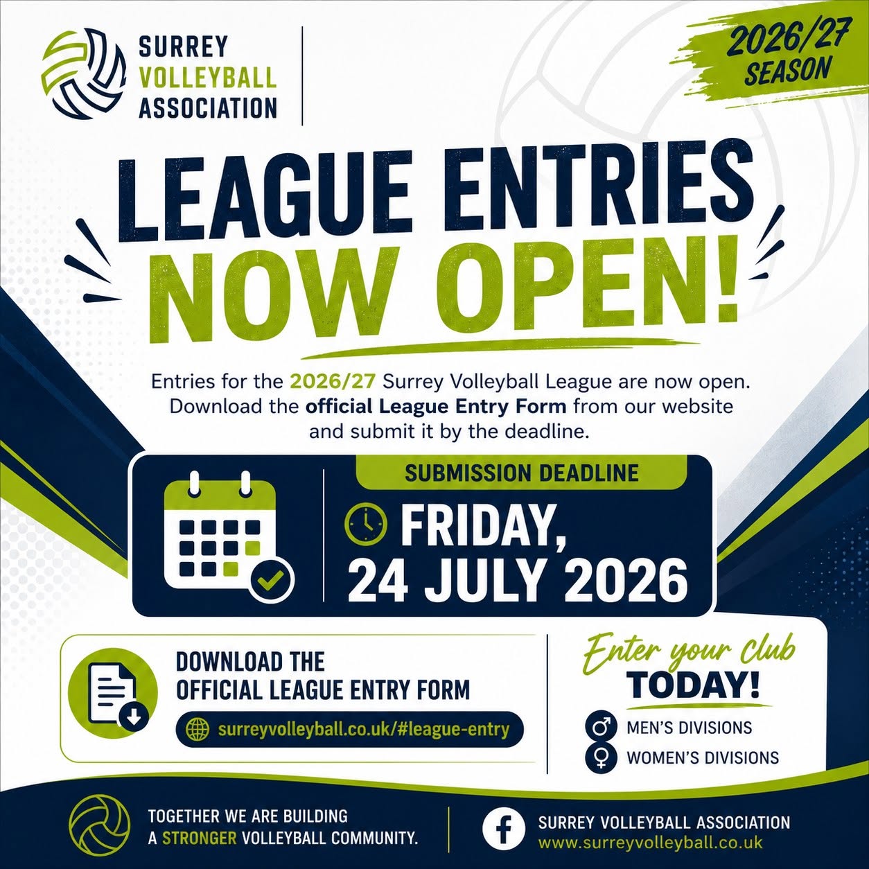 SVA 2026–27 League Entries Now Open poster, showing Friday 24 July 2026 submission deadline and league entry form information